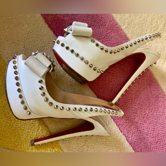 Christian Louboutin White Lady Clou 150 Spikes Studded Peep Toe Pumps Heels 37 - Picture 6 of 11